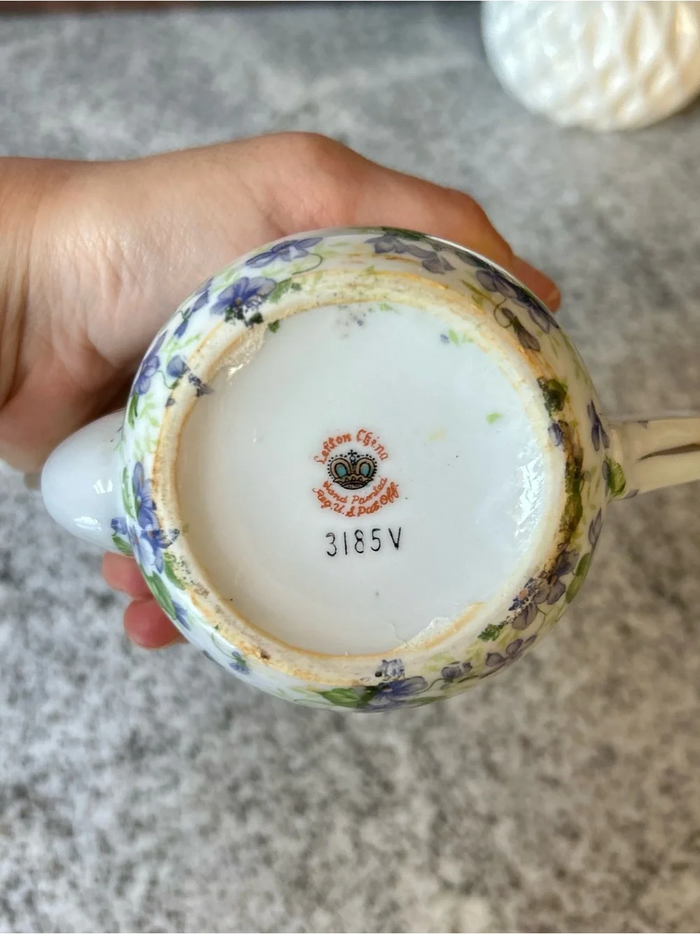 White Porcelain Teapot with Purple and Green Floral Print Design Lefton China
